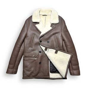 Lacoste Men Double Breasted Sheepskin Shearling Fur Wool Peacoat Medium
